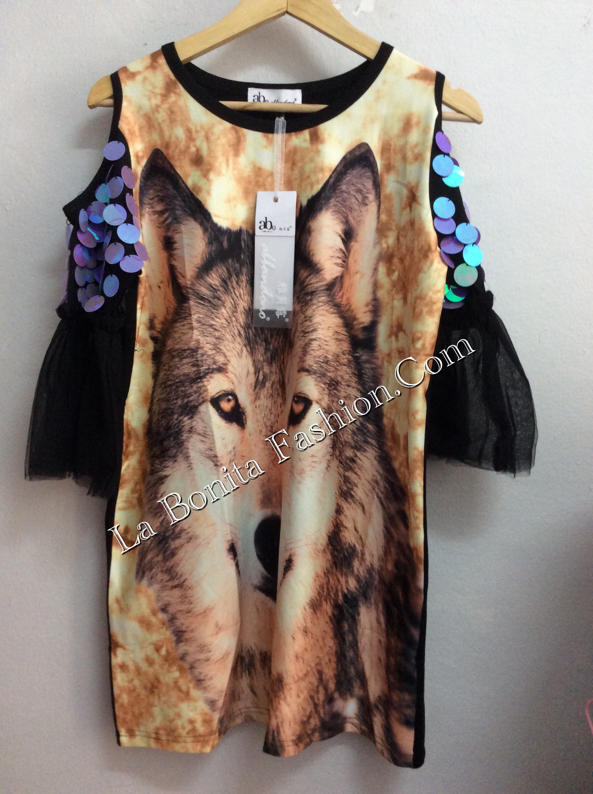 ชุดเดรสลายหมาจิ้งจอกแต่งแขนฟรุ้งฟริ้ง แบบที่กำลังHot ฮิตมากๆ