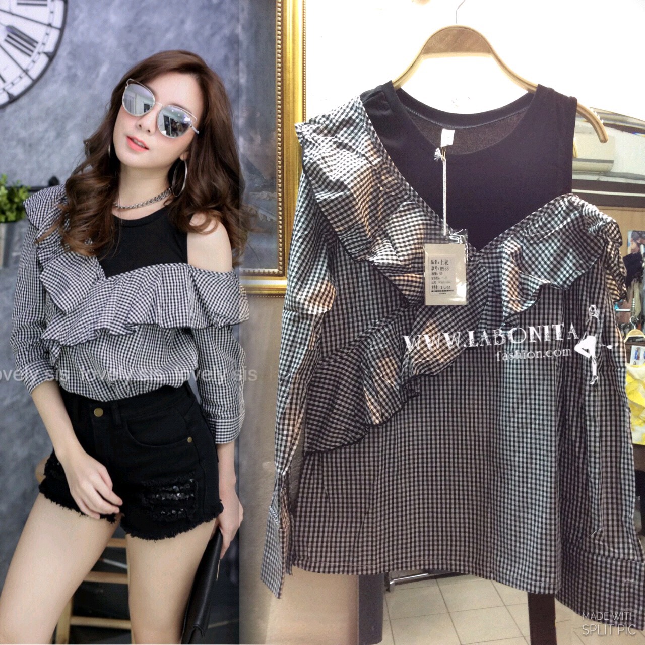 เสื้อแฟชั่นเกาหลีแขนยาวลายสกอต แต่งระบายอก ดีไซน์เก๋แอบเปรี้ยว ต่อผ้ายืดสีดำเปิดไหล่หนึ่ง
