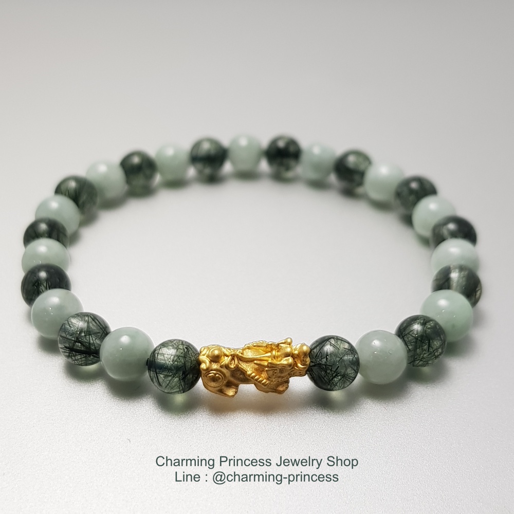 ไหมเขียว Green Rutilated Quartz Burmese Jade หยกพม่า 6 มม เจริญรุ่งเรือง ก้าวหน้า อายุยืน ร่ำรวยเป็นเศรษฐี ประดับ ปี่เซี๊ยะ ชาร์มปี่เซี๊ยะ ทองคำแท้ 99.99% ตัวคั่นสร้อยข้อมือ ชาร์มทองแท้ 99.99% ปี่เซียะ วัตถุมงคลเรียกทรัพย์ ขจัดปัดเป่าสิ่งไม่ดี