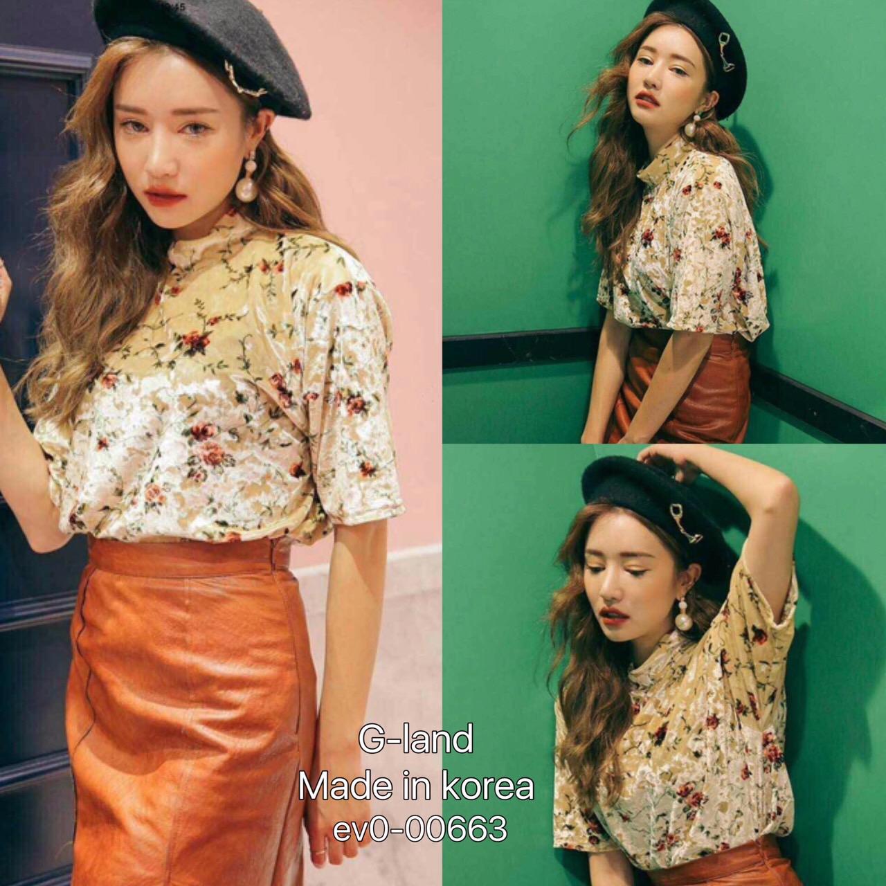 เสื้อยืดกำมะหยี่ลายดอกไม้เล็กๆรอบๆตัวเสื้อ น่ารักสไตล์เกาหลีเลยค่ะ