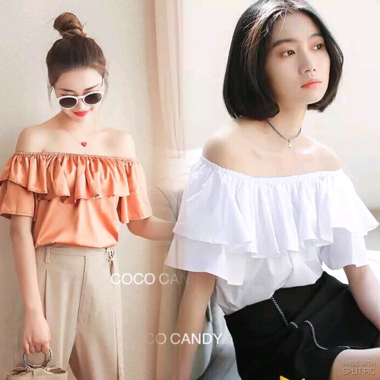 เสื้อเปิดไหล่ระบายผ้าซาติน ช่วงไหล่ใส่ยางยืดรอบน่ารักมากๆๆ