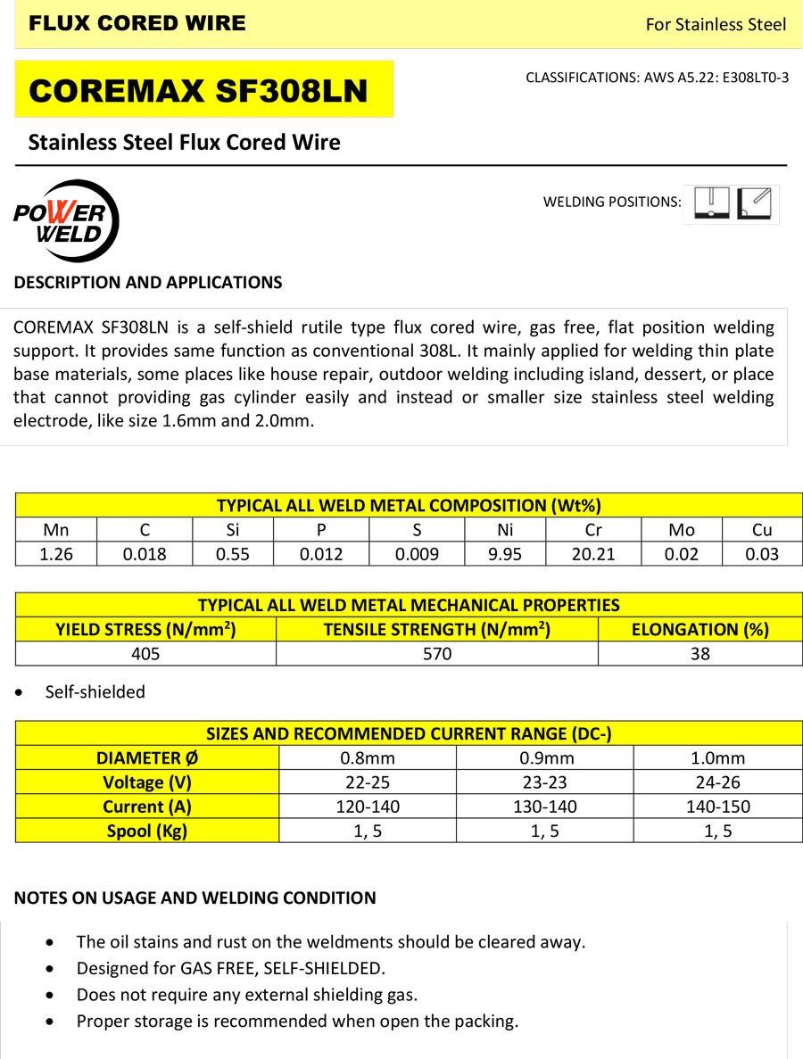 ลวดเชื่อมฟลักคอร์ สเตนเลส SF308LN 0.8MM ไม่ใช้แก๊ส POWERWELD