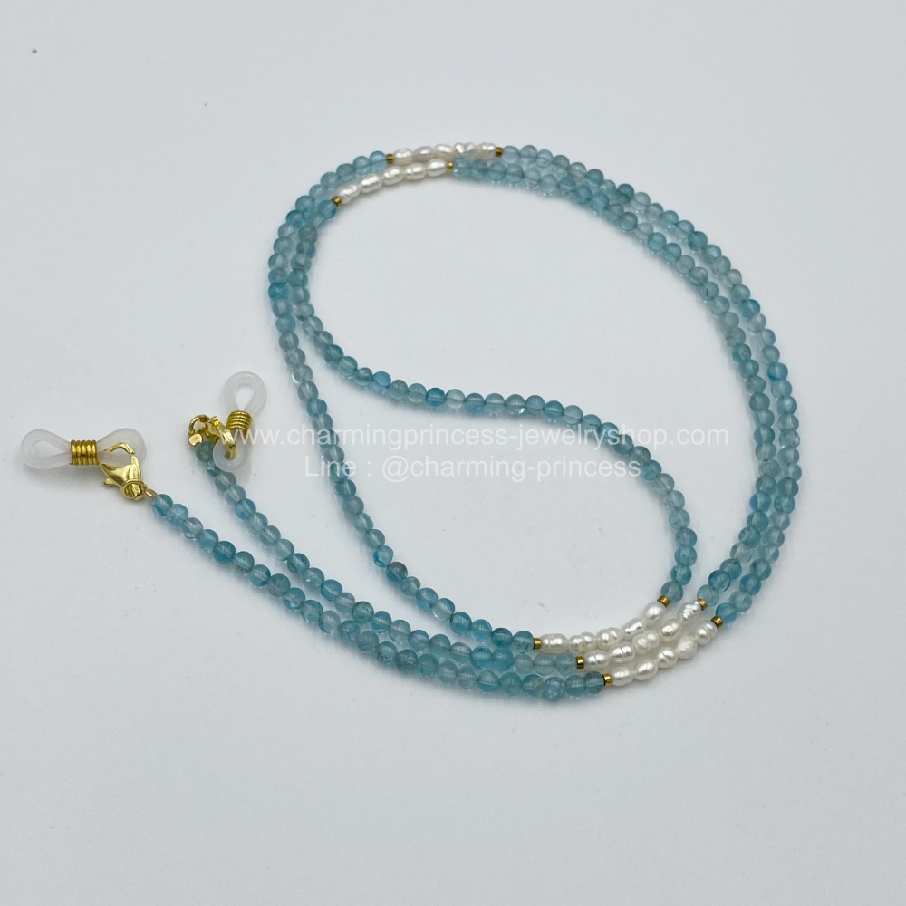 Apatite อพาไทท์ อัญมณีแห่งการเสริมชัยชนะ และ Pearl มุก เป็นสัญลักษณ์แห่งความสมบูรณ์ สายคล้องแมส สายคล้องแว่นตา หินนำโชค