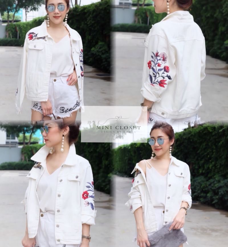 เสื้อคลุมเสื้อแจ็คเก็ตยีนส์สีขาว