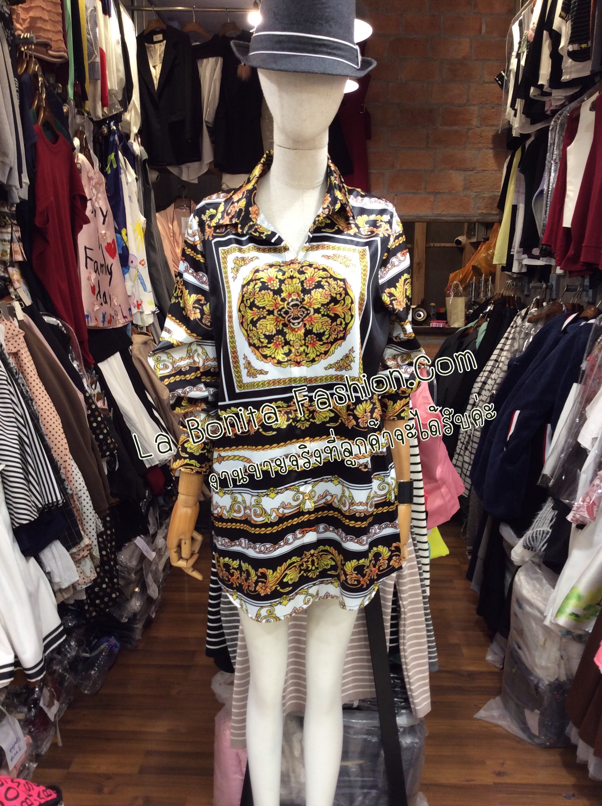 เดรสเชิ้ตแขนยาว Givenchy เนื้อผ้าดี ลื่นมันเงา ลายชัด หน้าสั้นหลังยาว