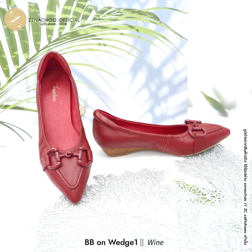รุ่นขายดี ปรับความสูง ทรงปกติ เปลี่ยนไซส์ได้-ไม่รับคืน พื้นนิ่ม Zenachoo BB on Wedge1 สูง 1 นิ้ว รองเท้าหนังแกะแท้ ใส่สบายมาก