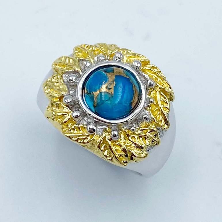 แหวนหินนําโชค แหวนดอกไม้ เงินแท้ 925 เทอร์ควอยซ์ สีฟ้าจาก อเมริกา ชุบสองสี Turquoise ทรงรูปกลม 7.5 มม Turquoise Ring 925 Sterling Silver Flower Inspired Ring