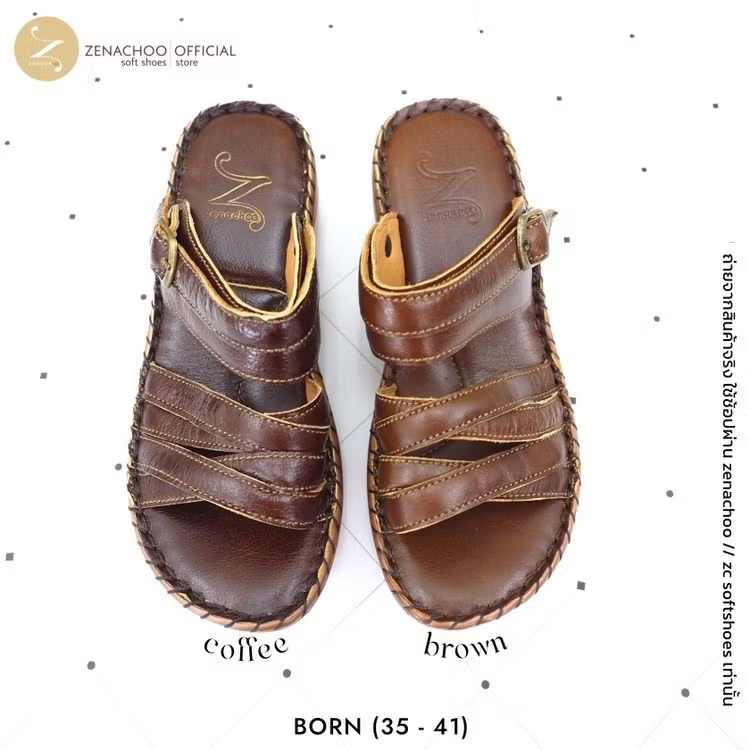 ทรงปกติ เปลี่ยนไซส์ได้ ไม่รับคืน Zenachoo รองเท้าสุขภาพ หนังแท้ทั้งคู่ รุ่น Born สูง 2 นิ้ว ปรับสายได้ รับประกันความนุ่มสบาย