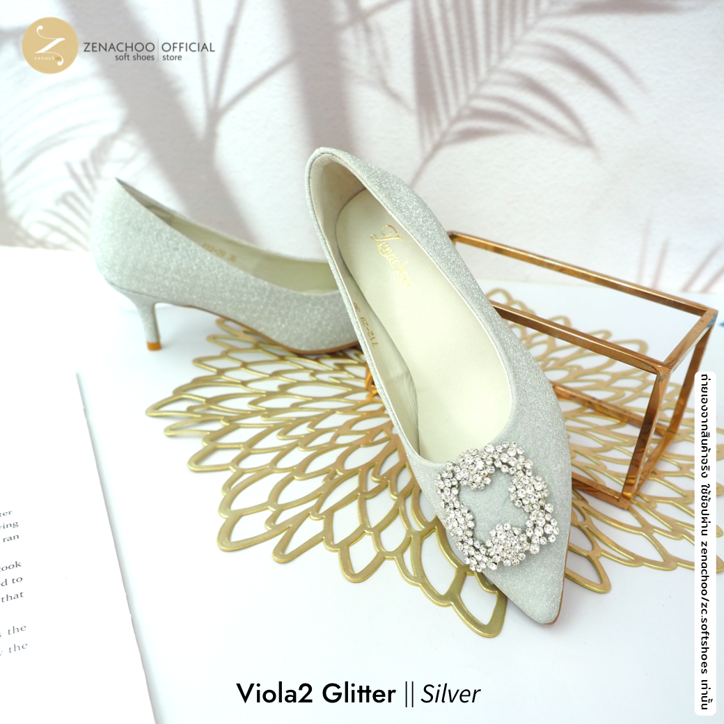 ทรงปกติ เปลี่ยนไซส์ได้-ไม่รับคืน ทรงขายดี Zenachoo Viola2 Glitter สูง 2 นิ้ว ผ้า Glitter ซับหนังแกะแท้ ทรงสวยไม่บีบเท้า