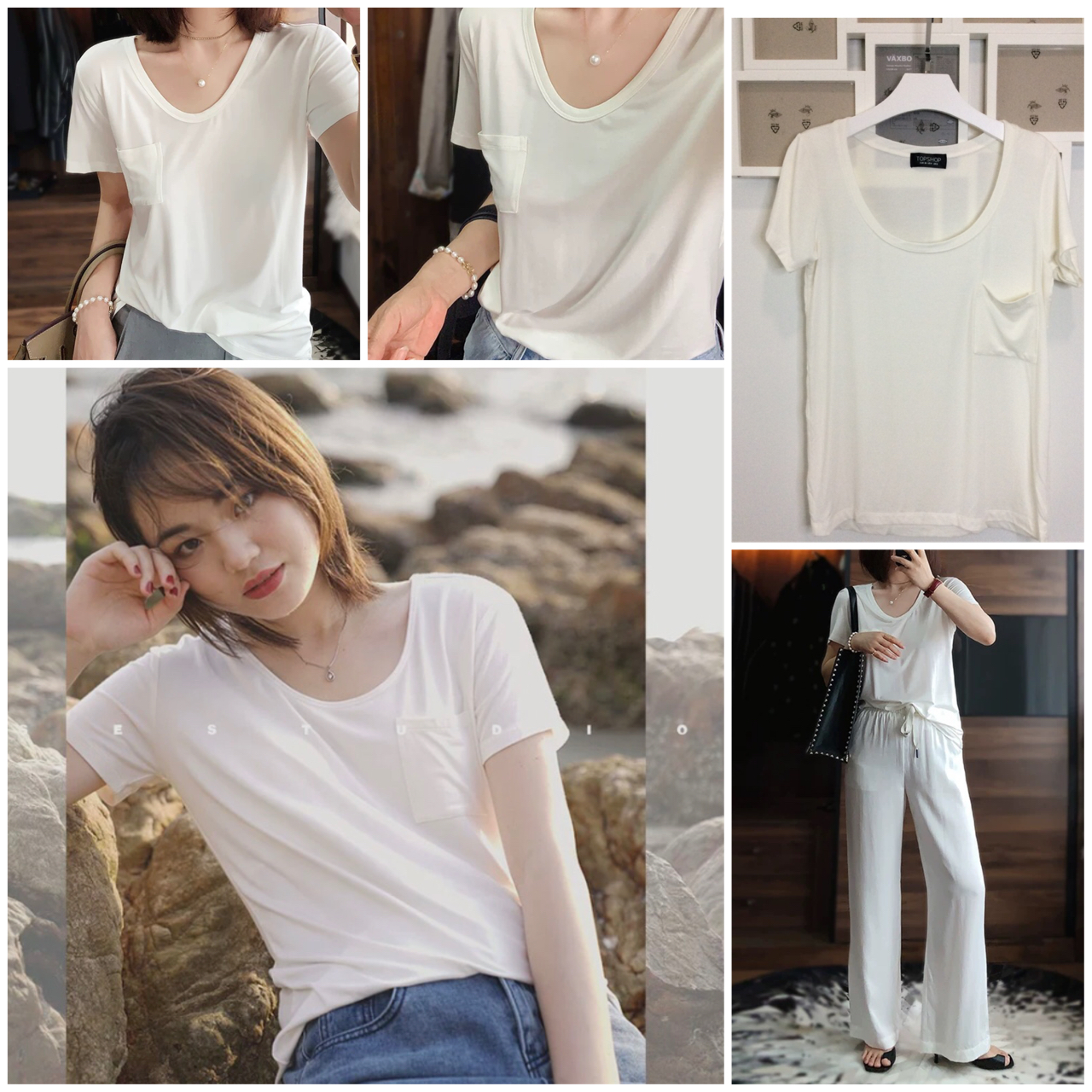 เสื้อยืดคอยู สีครีม ผ้านุ่มใส่สบาย