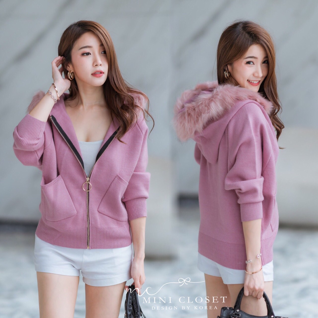 เสื้อมีฮู้ดแต่งขนเฟอร์ ถอดได้ ใส่กันหนาวได้น่ารักด้วย