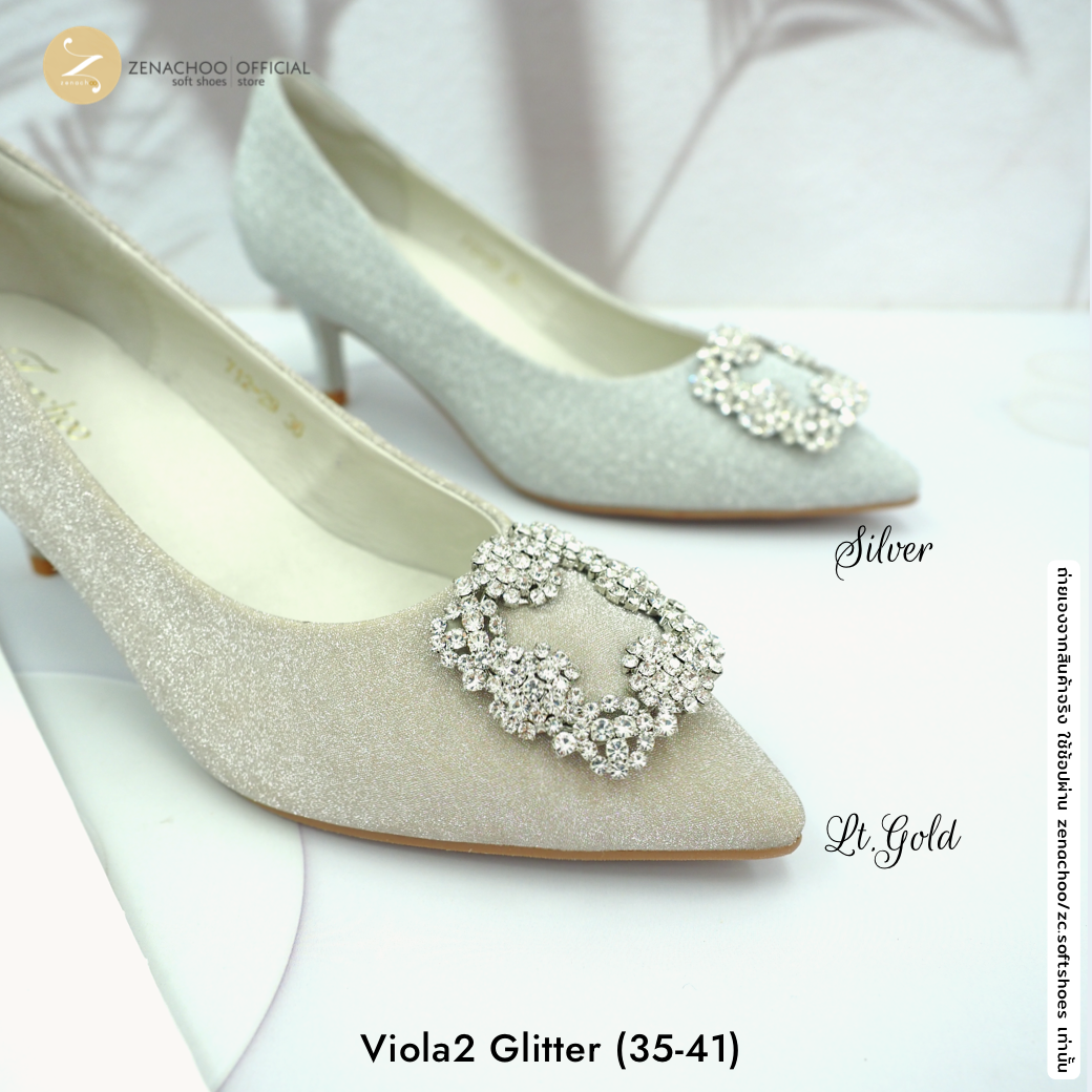 ทรงปกติ เปลี่ยนไซส์ได้-ไม่รับคืน ทรงขายดี Zenachoo Viola2 Glitter สูง 2 นิ้ว ผ้า Glitter ซับหนังแกะแท้ ทรงสวยไม่บีบเท้า