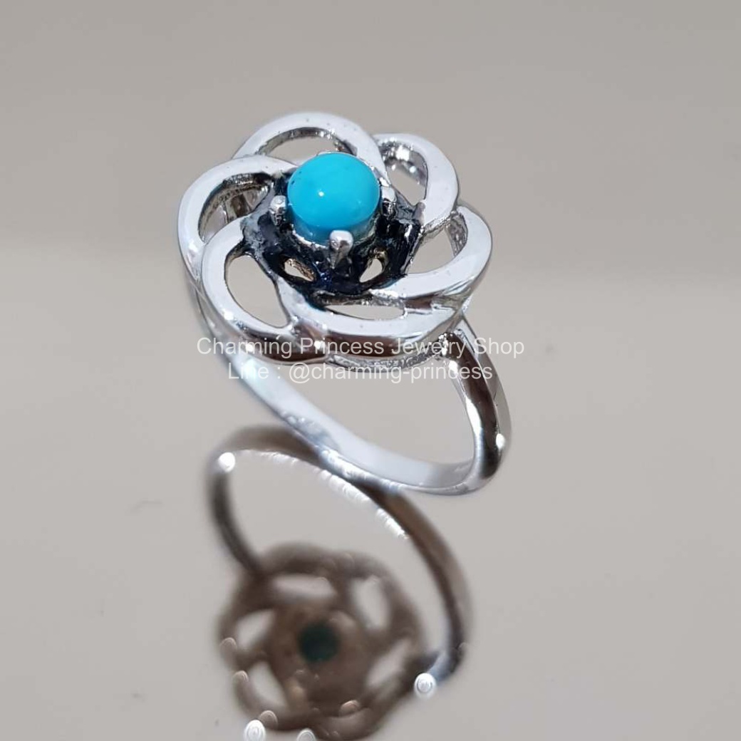 แหวนหินนําโชค แหวนดอกไม้ เงินแท้ 925 เทอร์ควอยซ์ สีฟ้าจาก อเมริกา Turquoise ทรงรูปกลม 5 มม Turquoise Ring 925 Sterling Silver Flower Inspied Ring