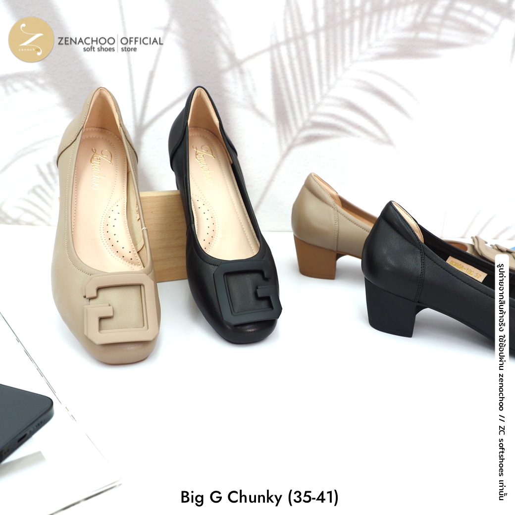 ทรงปกติ เปลี่ยนไซส์ได้-ไม่รับคืน พื้นยางนิ่ม เพื่อสุขภาพ Zenachoo Big G Chunky สูง 2 นิ้ว รองเท้าหนังแกะแท้ ใส่สบายมาก