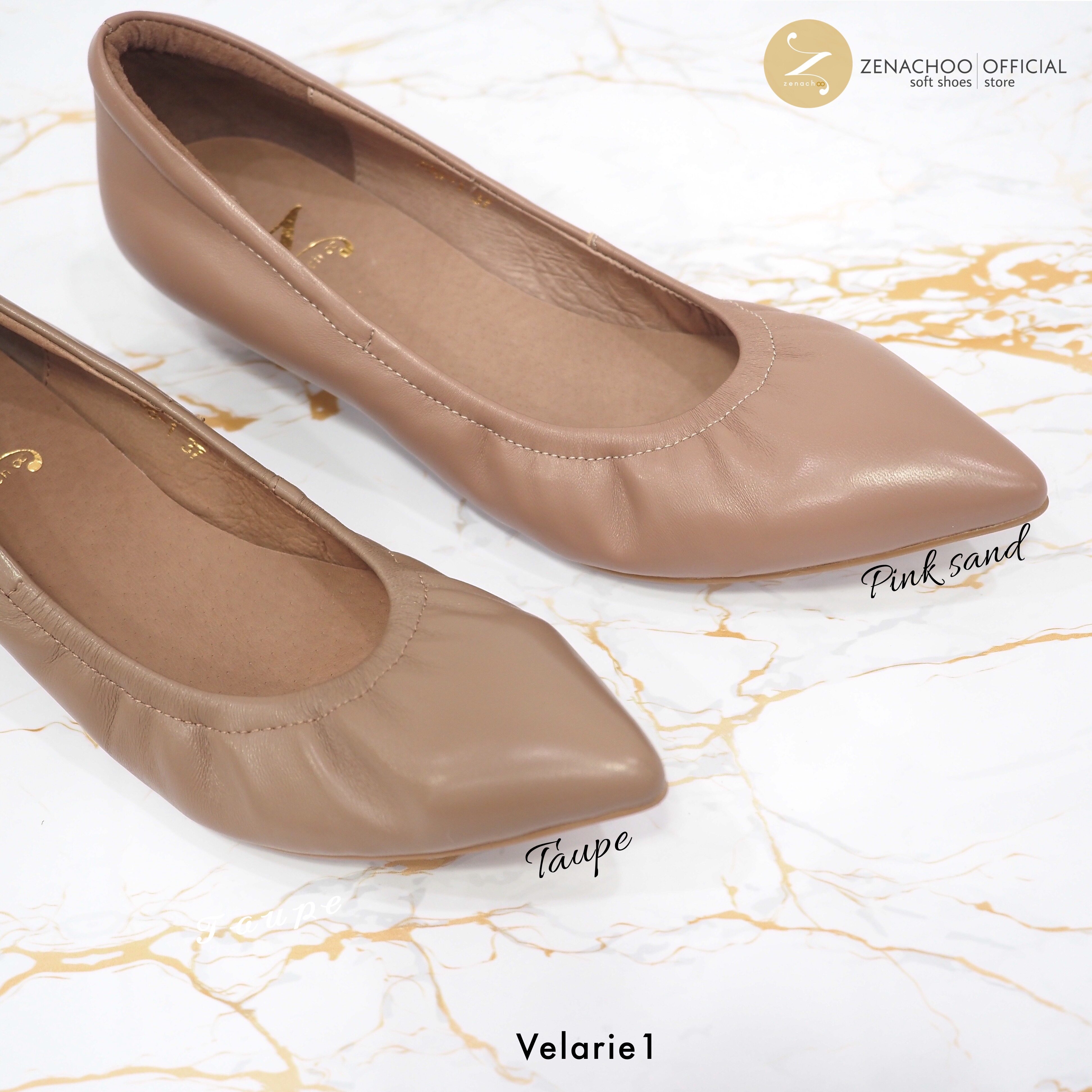 ทรงปกติ เปลี่ยนไซส์ได้ ไม่รับคืน Zenachoo รุ่นขายดี Velarie1 สูง 1นิ้ว สี Pink sand รองเท้าหัวแหลมหนังแกะแท้