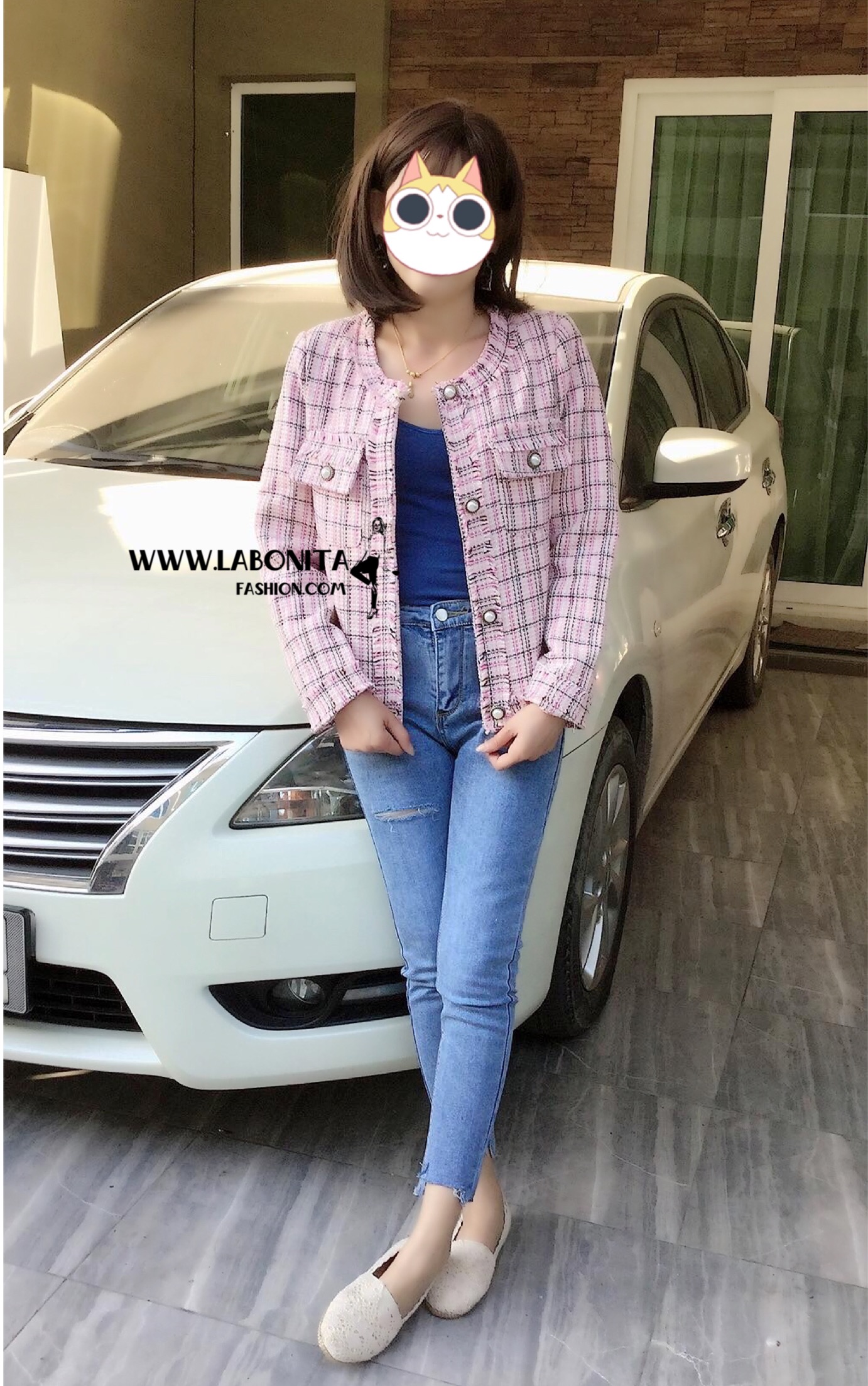 เสื้อคลุมผ้าทวีตสีชมพูลายตราง เสื้อคลุมสไตล์เกาหลี