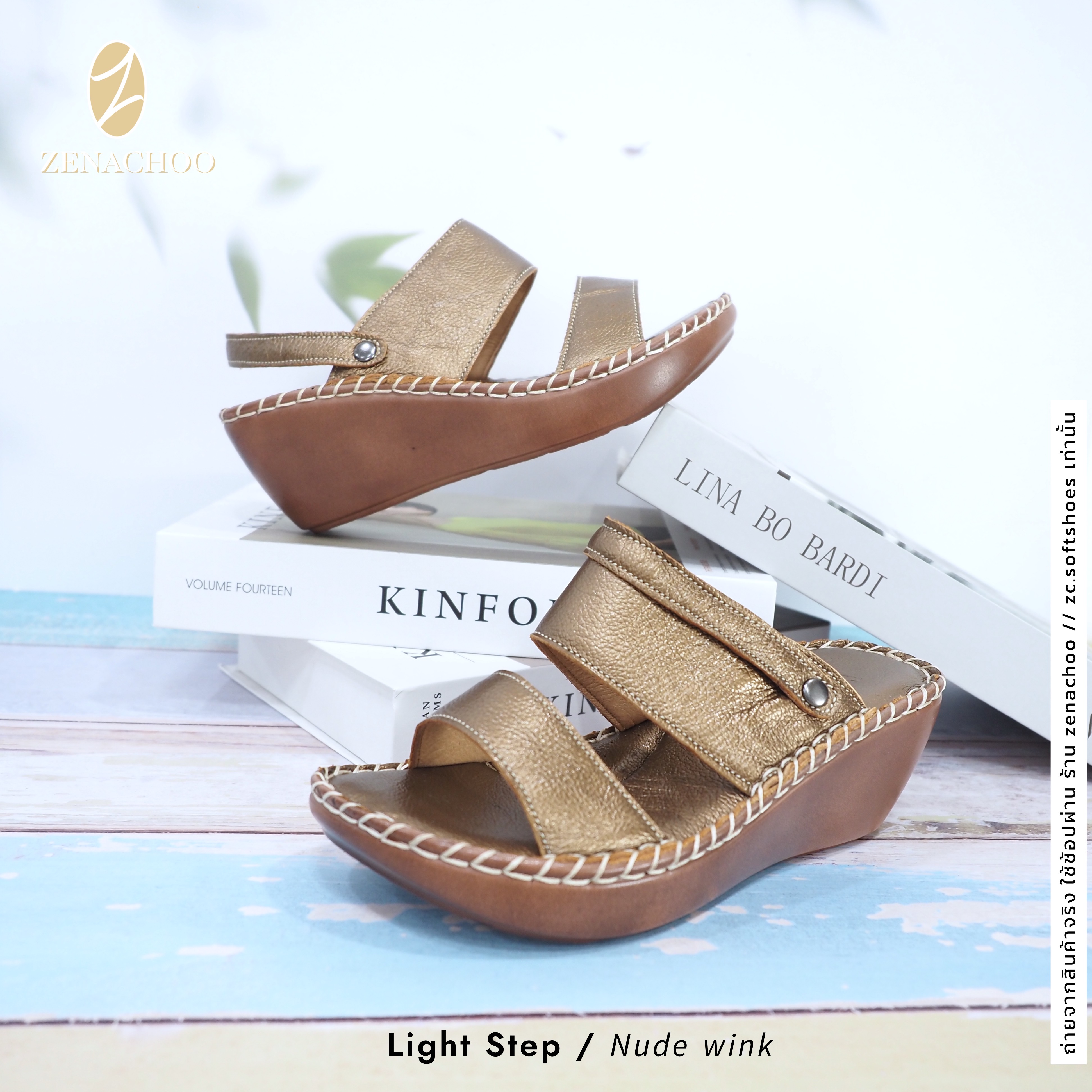 ทรงปกติ เปลี่ยนไซส์ได้ ไม่รับคืน Zenachoo รองเท้าสุขภาพ หนังแท้ทั้งคู่ รุ่น Light step สูง 2 นิ้วครึ่ง ปรับสายได้ รับประกันความนุ่มสบาย