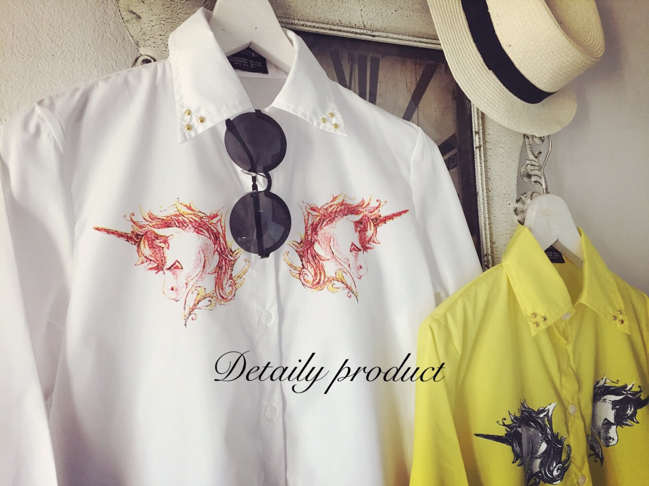 เชิ้ตเดรสยูนิคอนคิวตี้ ผ้าคอตตอนเนื้อดีดีไซน์เกร๋ พิมลายโพนี่ยูนิคอน ปกคอปักมุดทอง ใส่เป็นเดรสน่ารัก