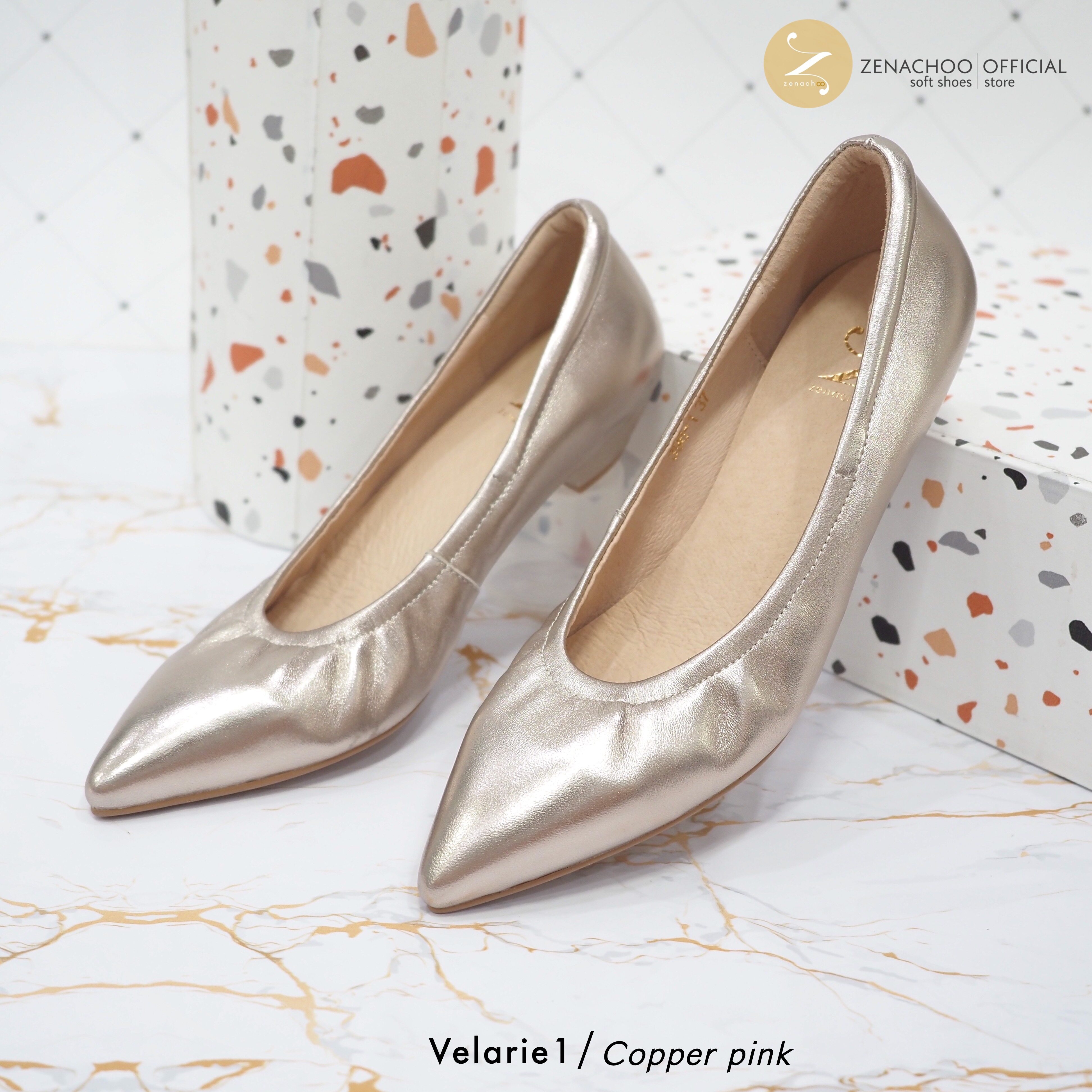 ทรงปกติ เปลี่ยนไซส์ได้-ไม่รับคืน Zenachoo รุ่นขายดี Velarie1 สูง 1นิ้ว สี Copper pink รองเท้าหัวแหลมหนังแกะแท้ ทรงสวย เดินสบายทั้งวัน
