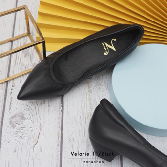 ทรงปกติ เปลี่ยนไซส์ได้-ไม่รับคืน Zenachoo รุ่นขายดี Velarie1 สูง 1นิ้ว สี Black รองเท้าหัวแหลมหนังแกะแท้