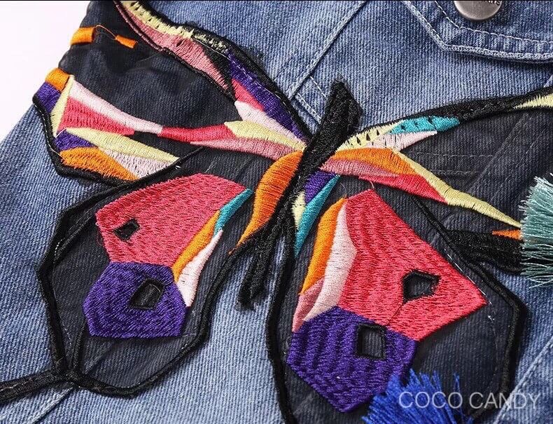 Butterfly Mosaic Embroidery Denim Jacket แจ็คเก็ตยีนส์ปักลายผีเสื้อลายปักใช้สีสลับสวยมากๆ