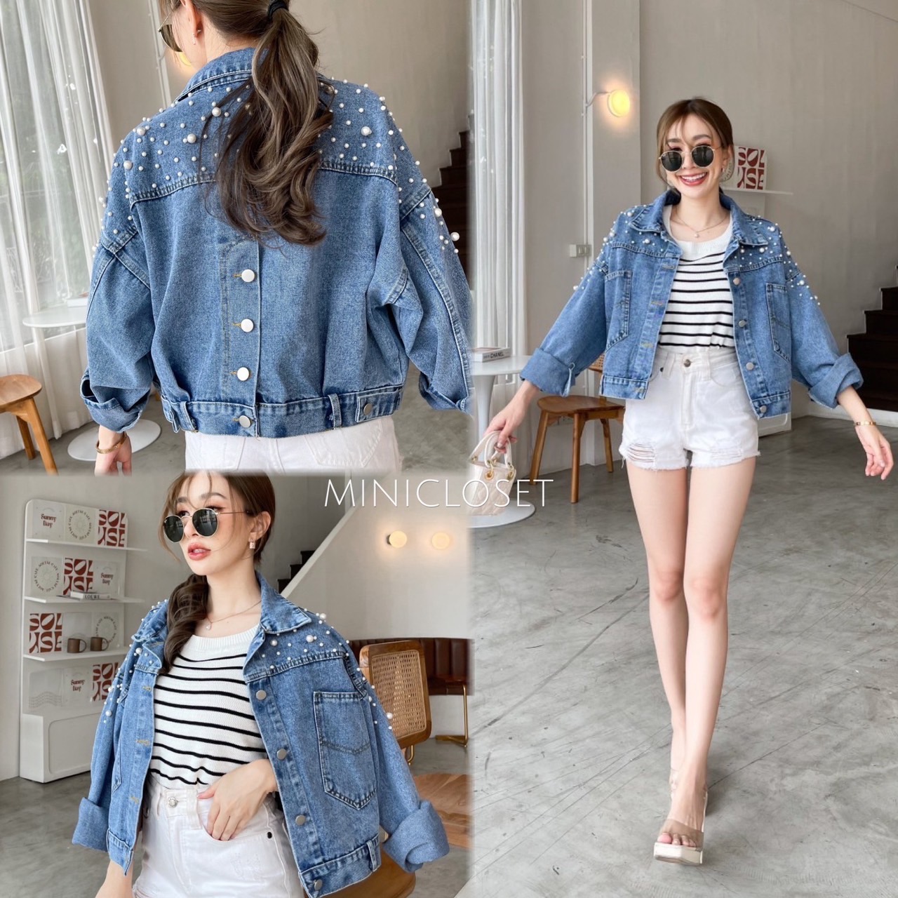 แจ็คเก็ตยีนส์ ตอกอะไหล่มุกแน่นๆ สวยๆ