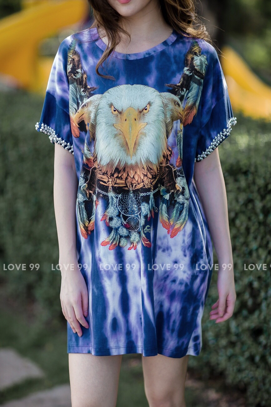 เดรสผ้ายืดมัดย้อมลายนกอินทรีย์