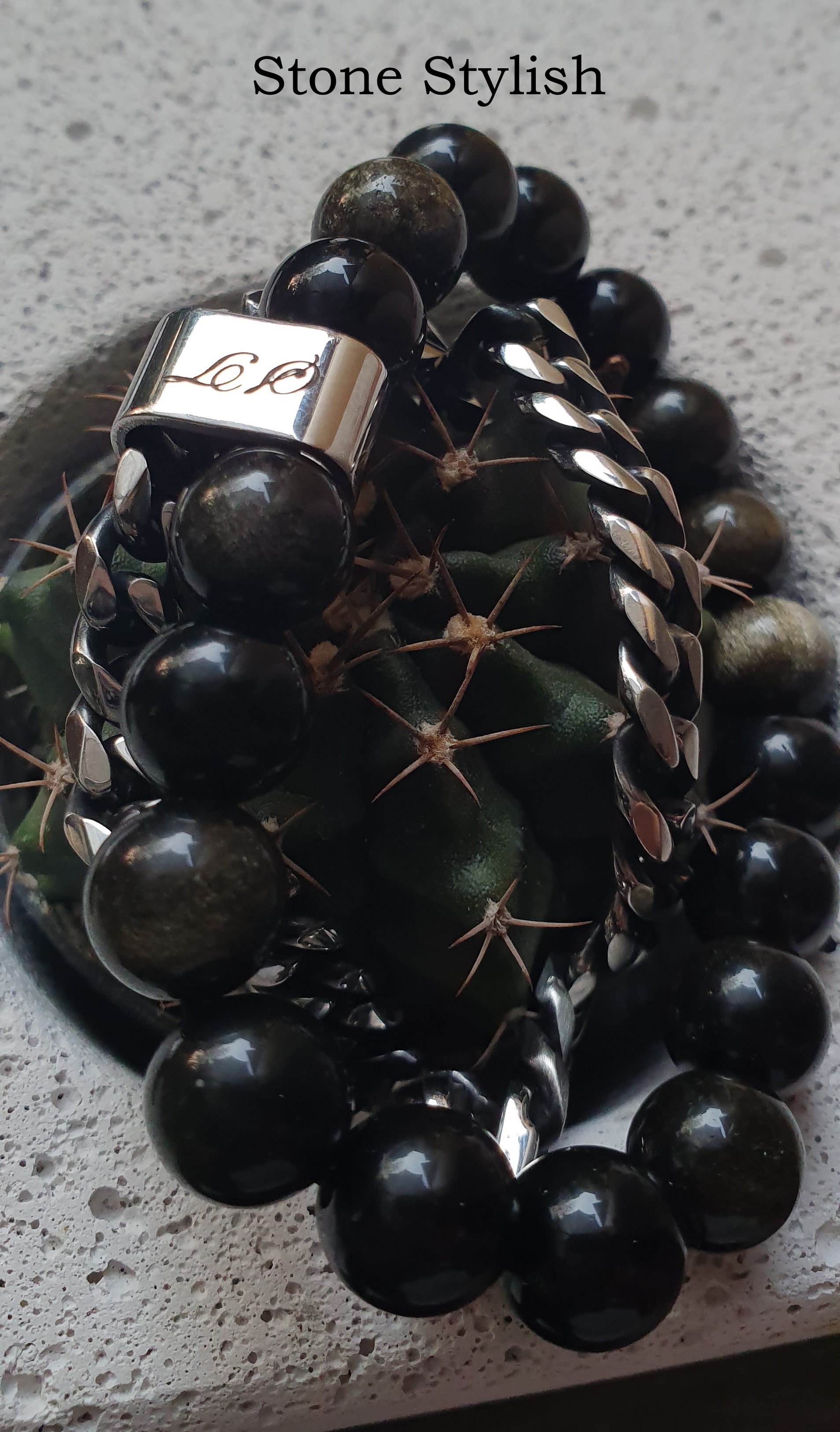 สร้อยข้อมือ ออบซิเดียน (Obsidian) ขนาด 10 มิล พร้อมเลสข้อมือสลัก brand