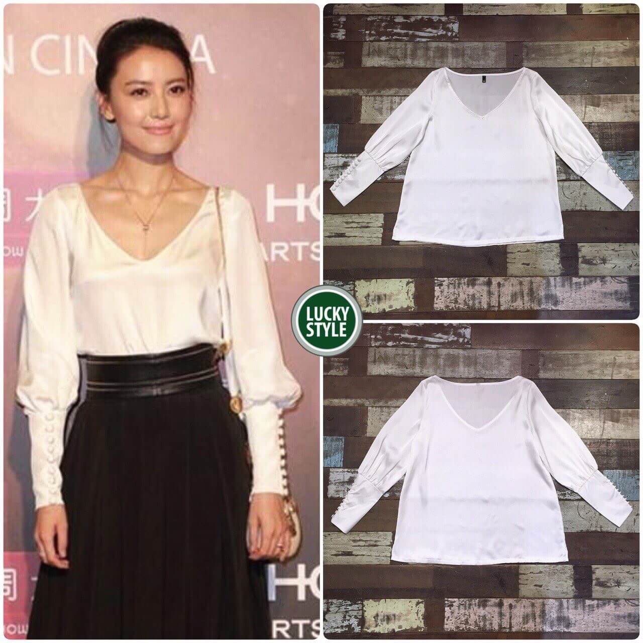 เสื้อผ้าไหมคอวีแต่งแขนกระดุมยาว ภายใต้แบรน Chanel ดีเทลเนื้อผ้าเป็นผ้าไหมญี่ปุ่นเนื้อนุ่ม เนื้อผ้าสวยงามพรีเมี่ยม