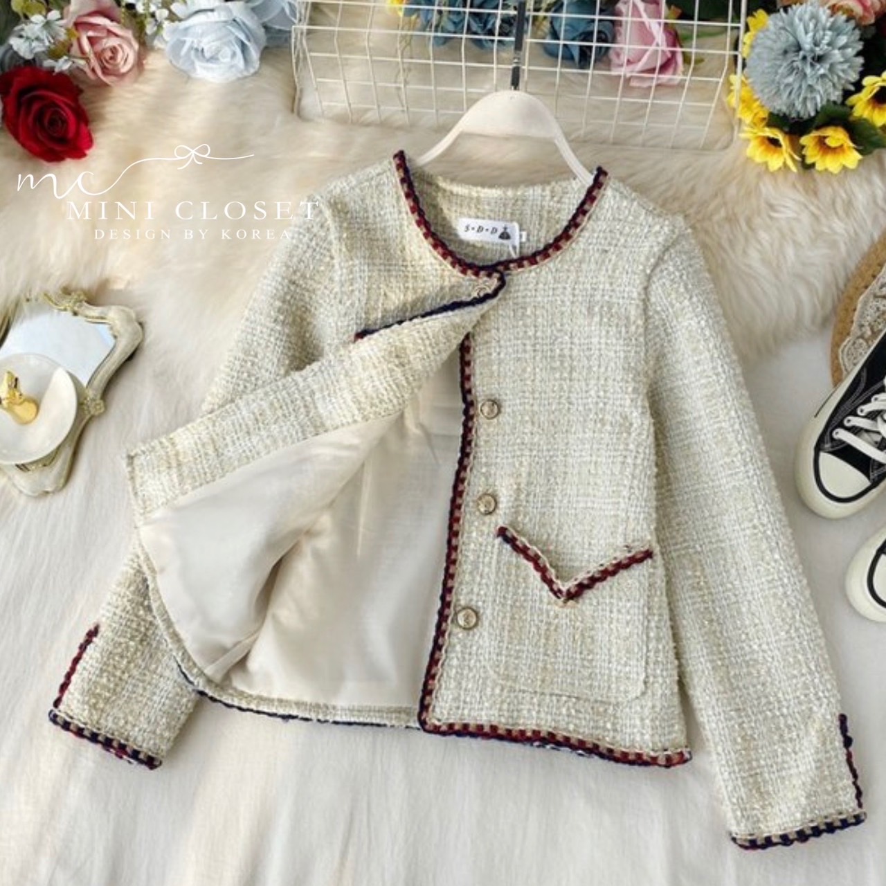 เสื้อทวิตแขนยาวสีครีม เสื้อคลุมสวยๆสไตล์เกาหลี