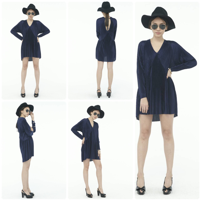 เดรสพลีทคอวี หน้าสั้นหลังยาว มีลูกเล่นด้านหลัง แบบและทรงน่ารักมากค่ะ