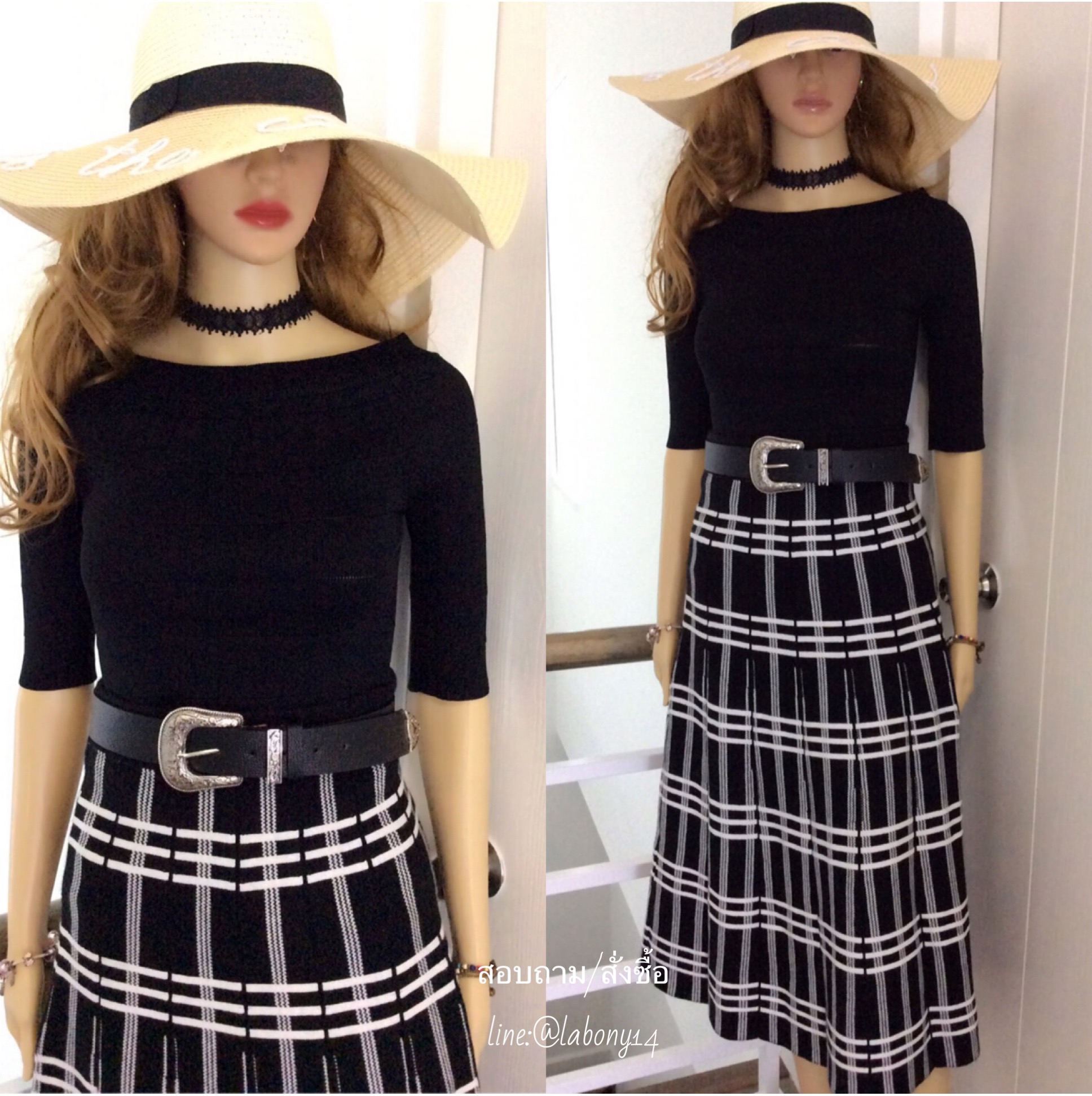 ชุดเซ็ทกระโปรงยาว มาพร้อม เสื้อปาดไหล่แขนสามส่วน