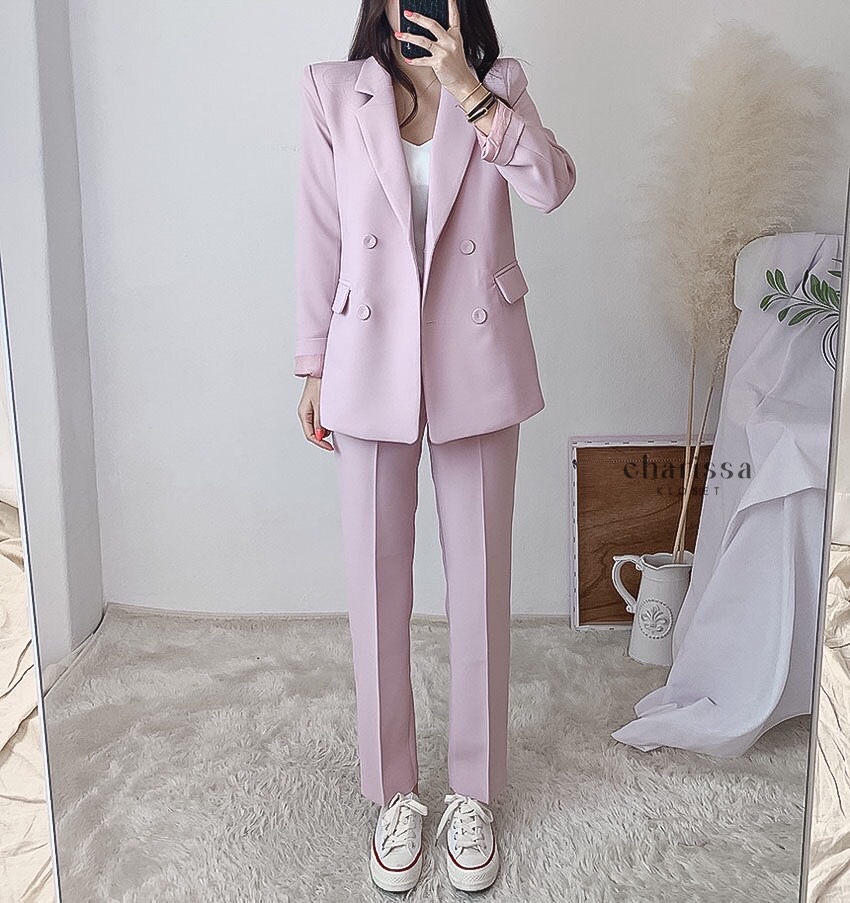 ชุดสูทผู้หญิง เซตสูทขายาวผู้หญิง ชุดสูทสีชมพูพาสเทล
