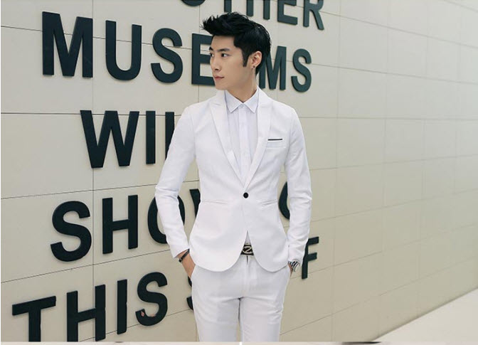 เสื้อสูทผู้ชาย สีขาว แขนยาว กระดุมหน้าหนึ่งเม็ด