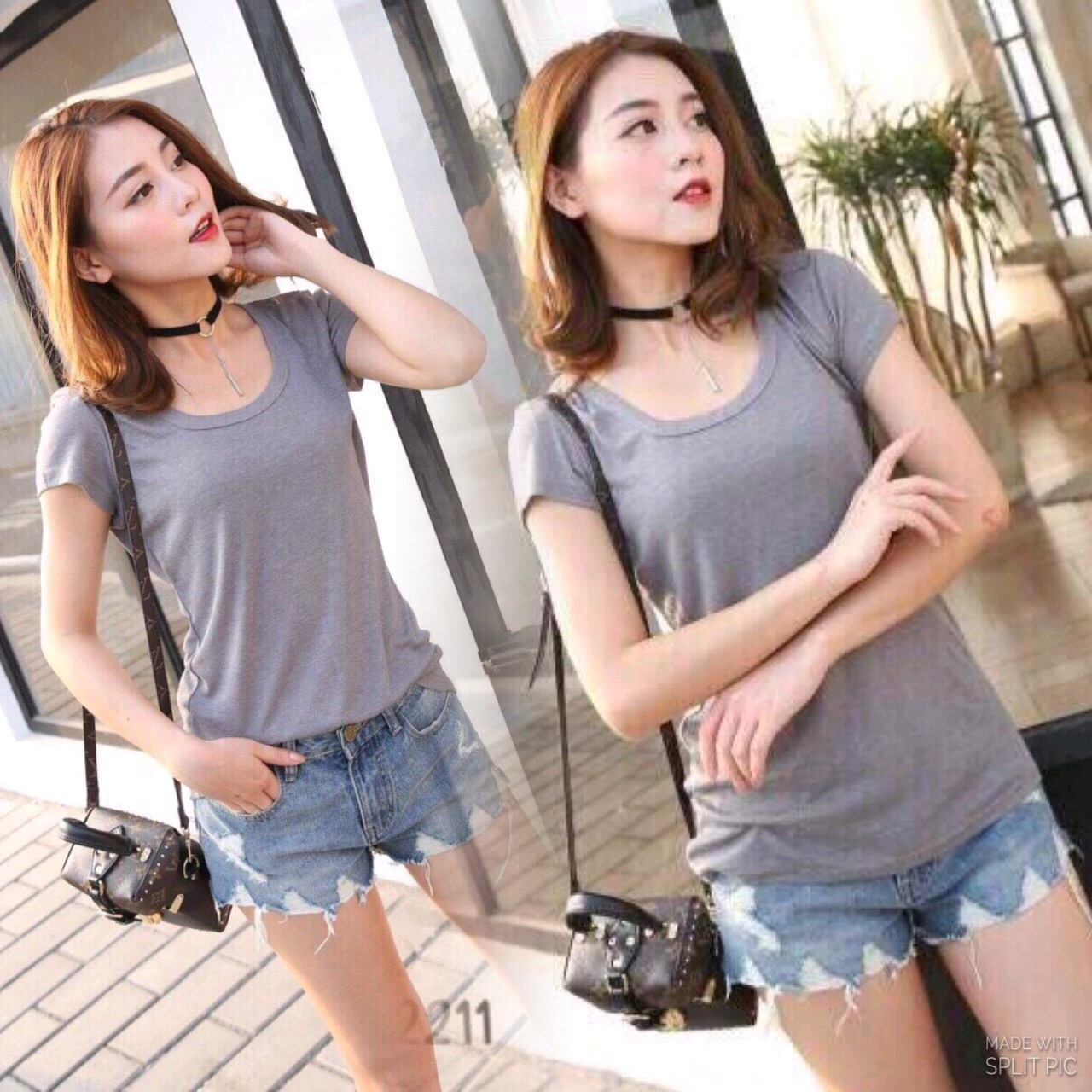 เสื้อยืดแต่งคอกลมปาด เนื้อผ้ายืดอย่างดี มีลาย texture ในตัว