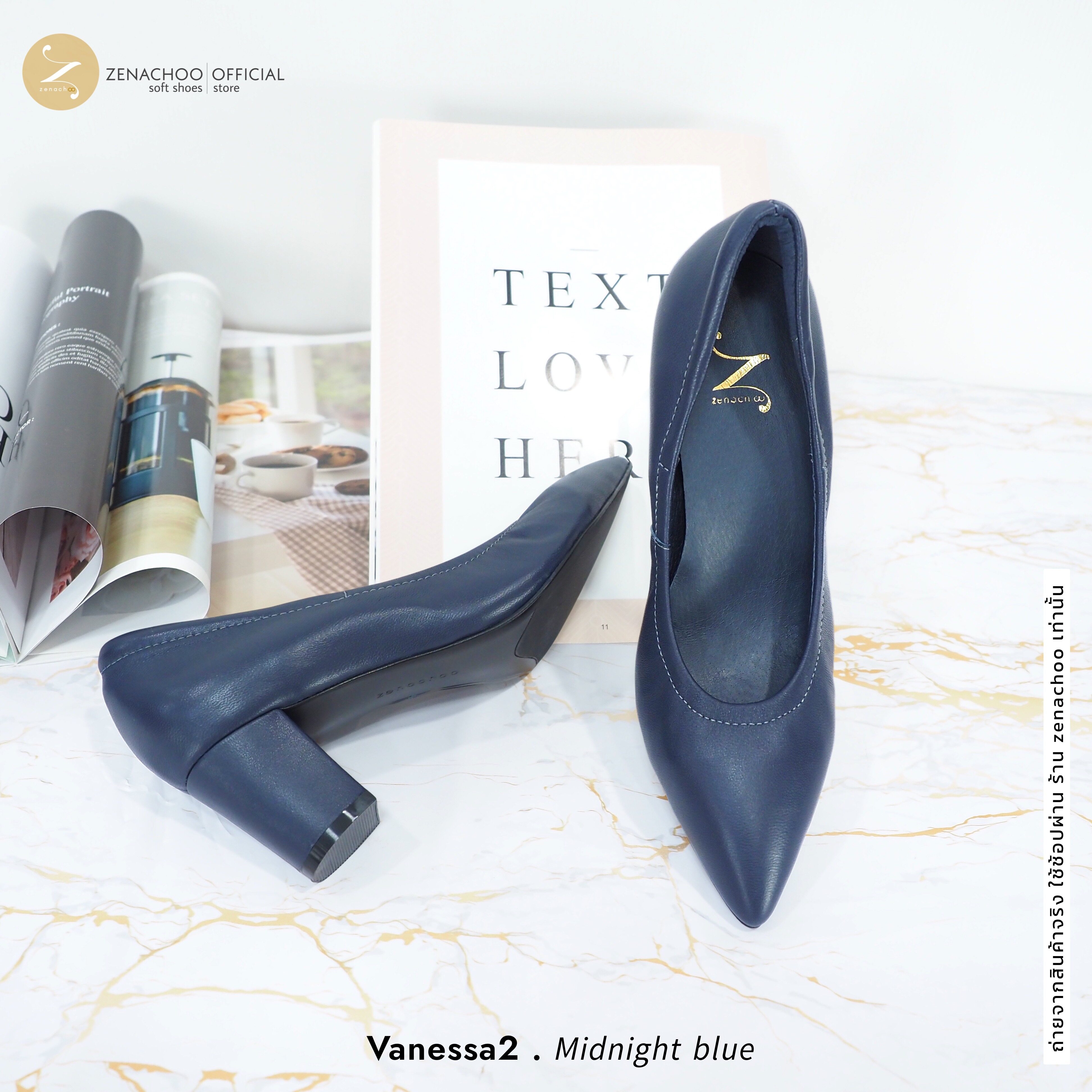 ทรงปกติ เปลี่ยนไซส์ได้-ไม่รับคืน Zenachoo Vanessa2 สี Midnight blue สูง 2 นิ้ว รองเท้าหนังแกะนิ่ม หัวแหลมทรงสวย