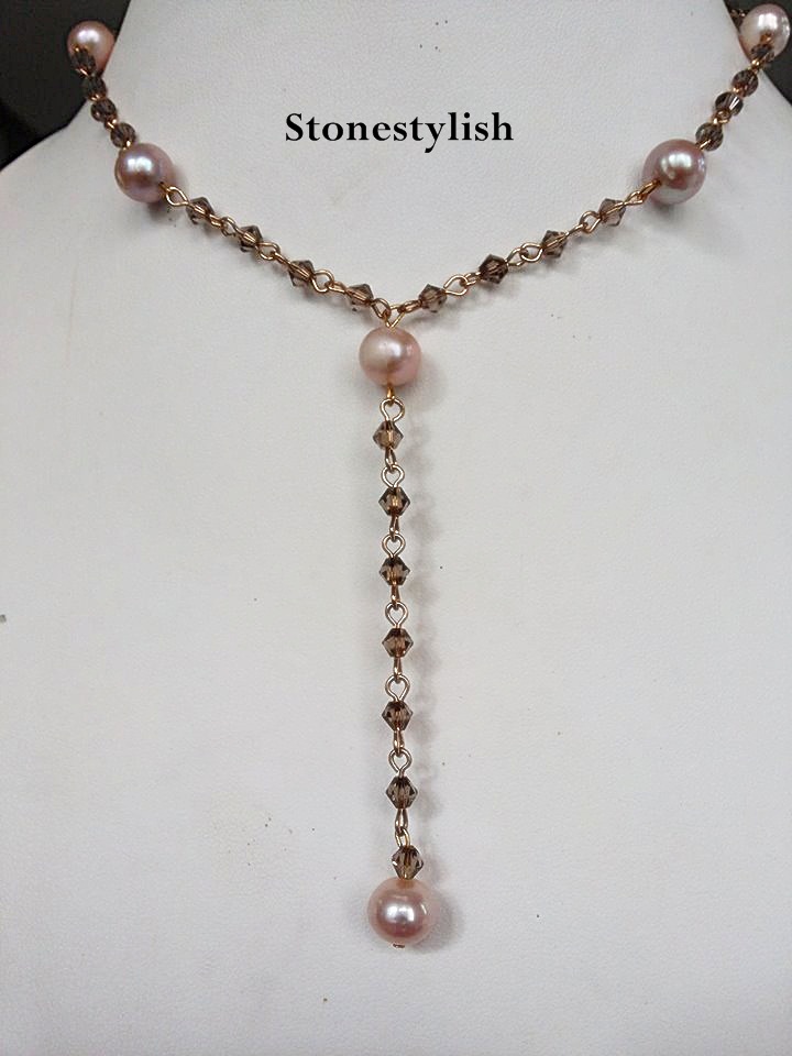 สร้อยคอ มุกน้ำจืดสีชมพู ร้อยคริสตัล Fresh Water Pearl with crystal