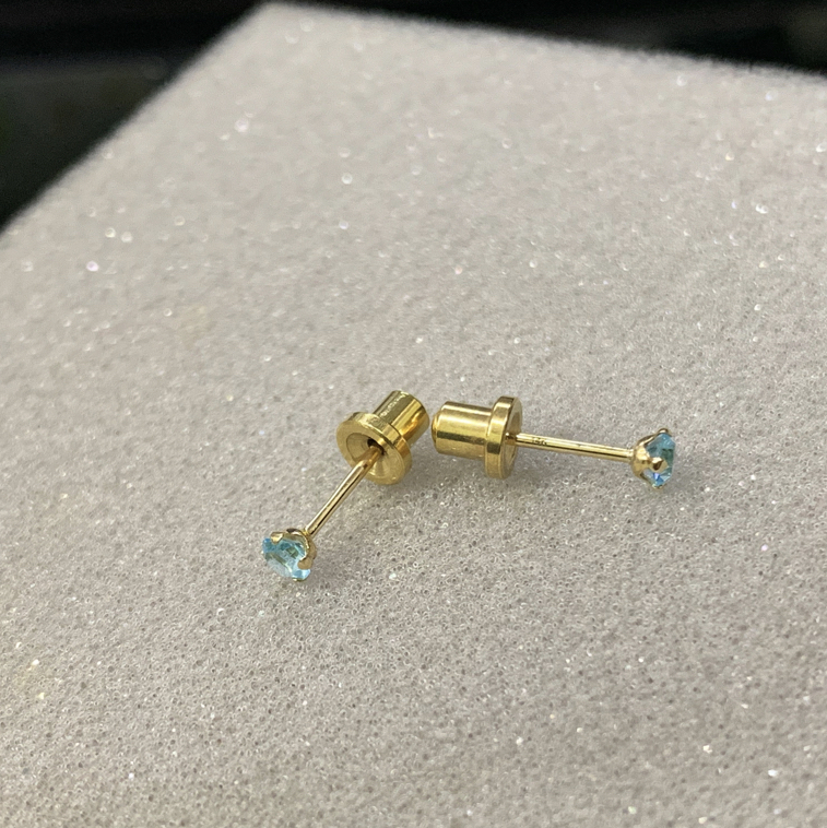 ส่งฟรี!(ทองแท้14K) ต่างหูสำหรับผิวแพ้ง่ายแป้นตัน ปลอดภัย 100% 14K Aquamarine (คริสตัลสีฟ้า)_HCK303