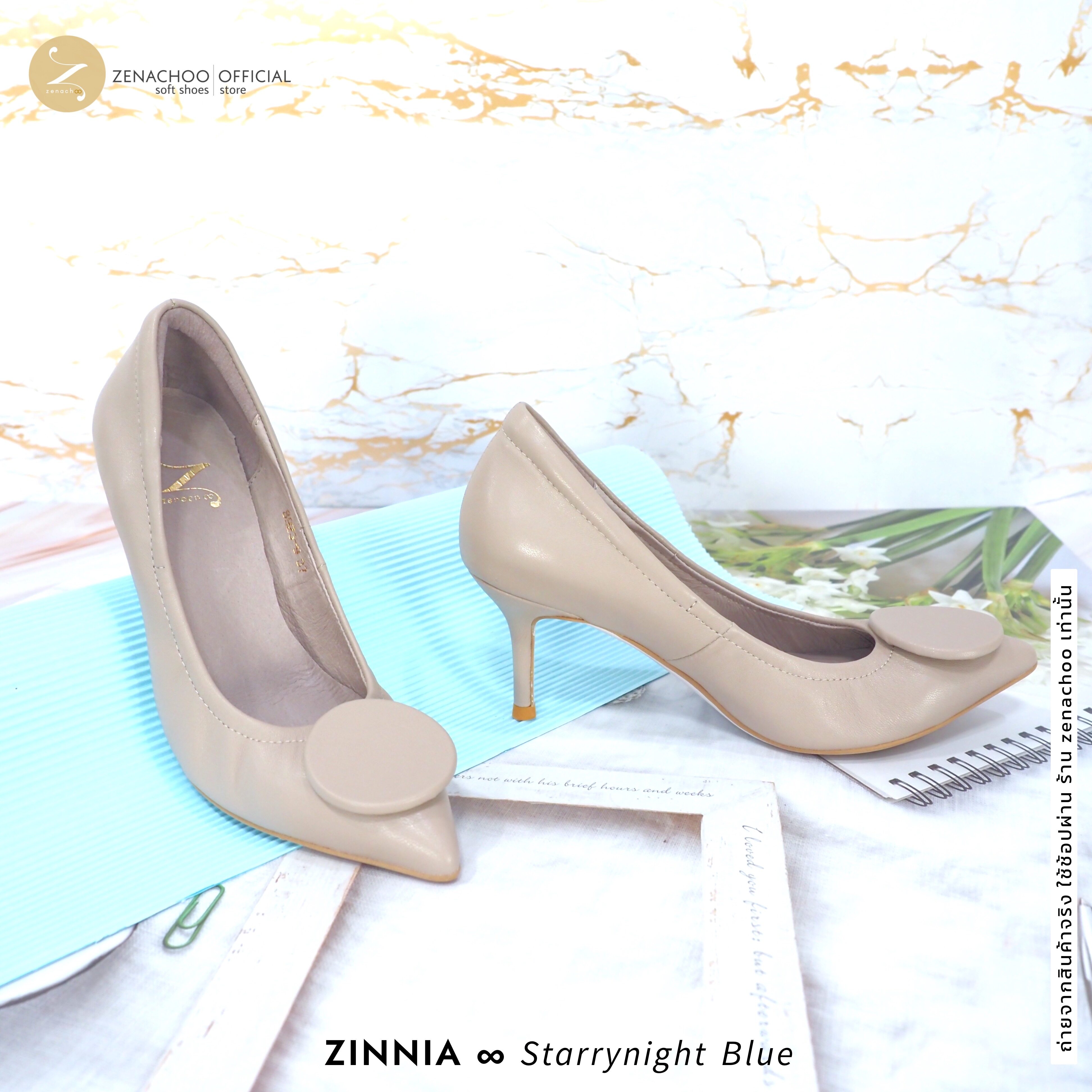 ทรงปกติ เปลี่ยนไซส์ได้-ไม่รับคืน Zenachoo รุ่น Zinnia สูง 3 นิ้ว รองเท้าหนังแกะแท้ หน้ากว้างไม่บีบเท้า หนังนิ่มมาก