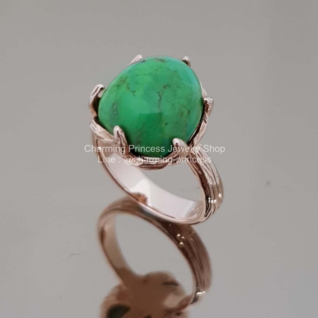 แหวนหินนําโชค เงินแท้ 925 เทอร์ควอยซ์ สีเขียว Turquoise เทอร์ควอยซ์ Turquoise เทอร์ควอยซ์ สีเขียว ทรงรี 13x11 มม Green Turquoise Oval Statement with Texture Design Prong Set 14k Rose Gold Plated 925 Sterling Silver Ring