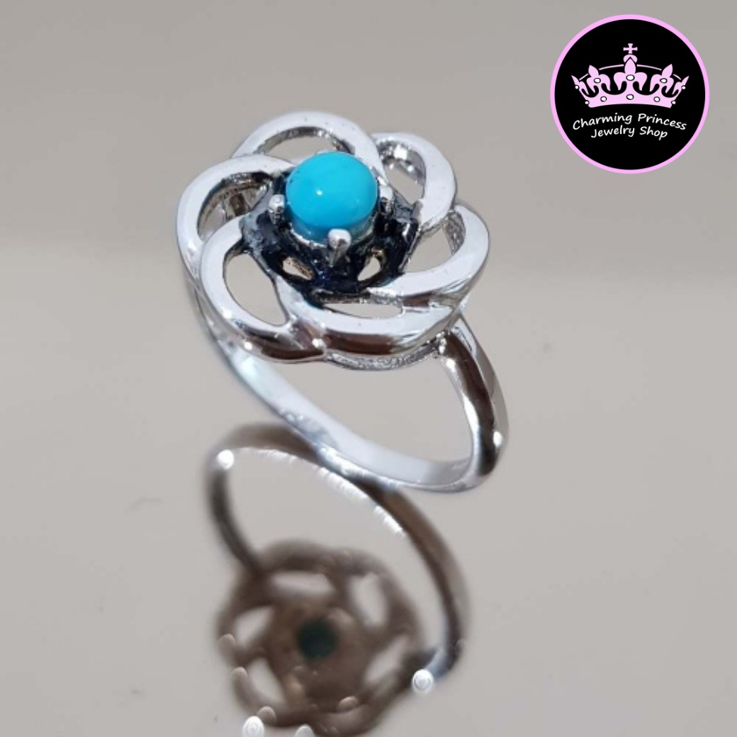 แหวนหินนําโชค แหวนดอกไม้ เงินแท้ 925 เทอร์ควอยซ์ สีฟ้าจาก อเมริกา Turquoise ทรงรูปกลม 5 มม Turquoise Ring 925 Sterling Silver Flower Inspied Ring