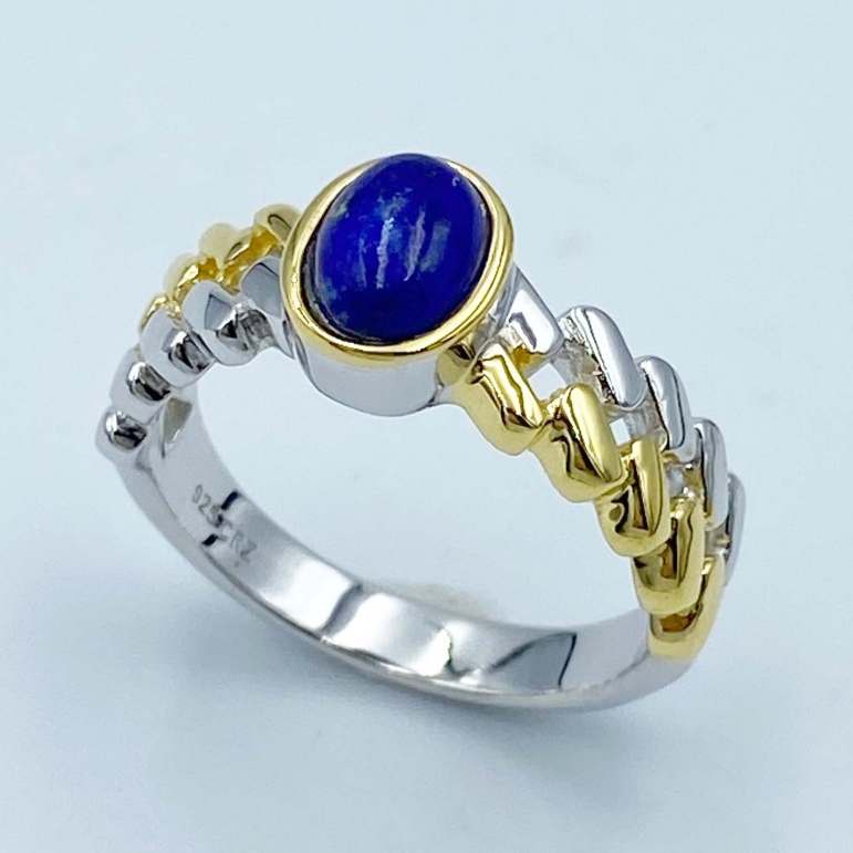 แหวนลาพิสลาซูลี แหวนหินนําโชค เงินแท้ 925 & 14K Yellow Gold Plated Sterling SIlver Lapis Lazuli Oval 7x5 mm Ring Simple Chic Design