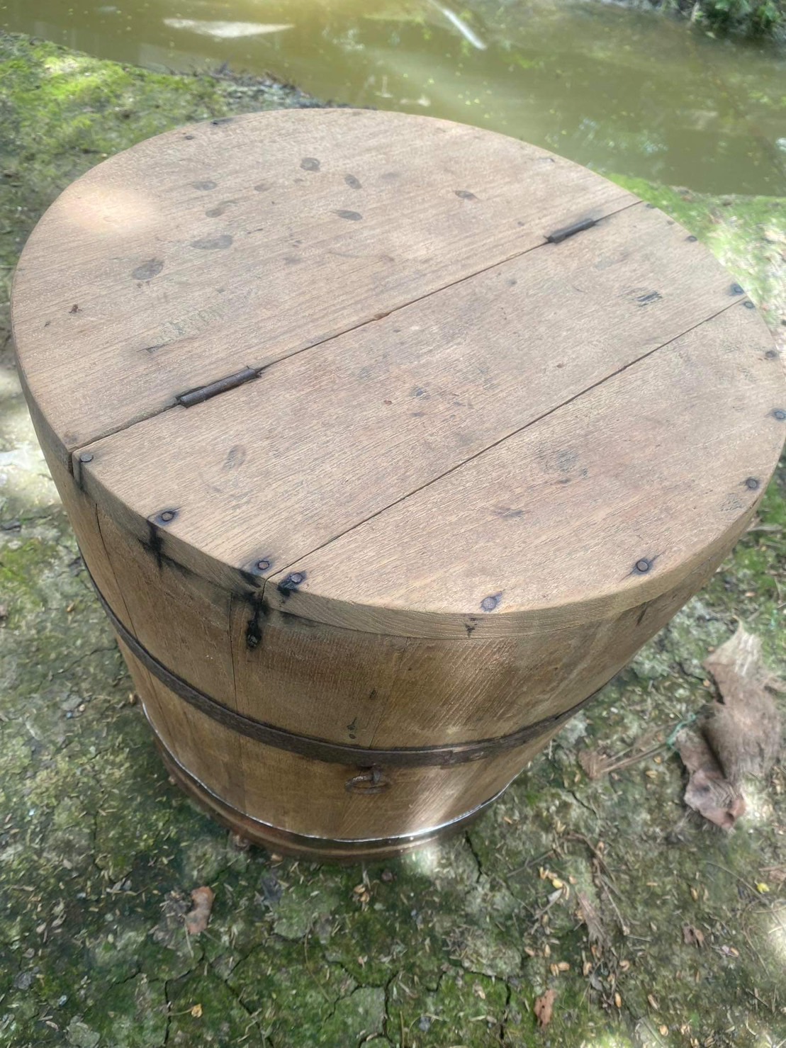 ถังข้าวไม้สักมีฝาปิด ถังไม้สักพร้อมฝาปิดมือสอง สภาพเก่าแท้ ถังหมักถั่วเขียวแบบโบราณ