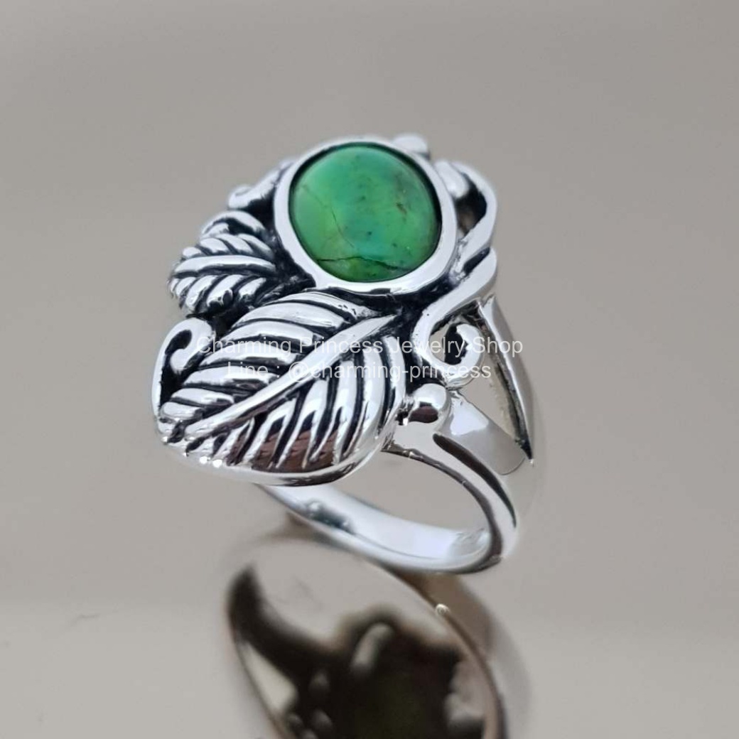 แหวนหินนําโชค เงินแท้ 925 เทอร์ควอยซ์ สีเขียว Turquoise เทอร์ควอยซ์ Turquoise เทอร์ควอยซ์ สีเขียว รูปไข่ Oval 9x7 มม Green Turquoise Oval Shape Leaves Design Ring 925 Sterling Silver