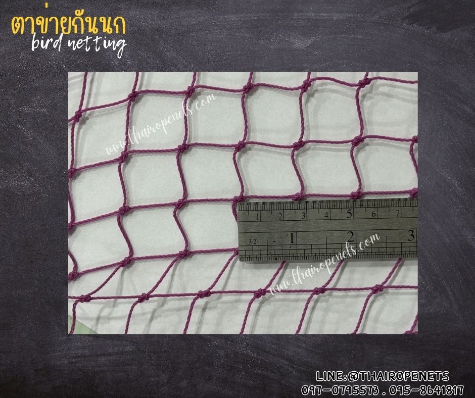 ตาข่ายกันนกบนคอนโด bird netting สีม่วง รุ่นหนา 1.5 มิล ช่องตา 1x1 นิ้ว เคลือบสารป้องกัน UV ทนแดด ทนฝน ใช้งานได้ยาวนาน