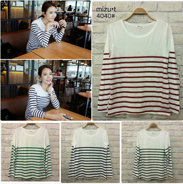 เสื้อยืดคอกลม แขนยาวลายขวาง ผ้ายืดเนื้อดีทรงพอดีตัวค่ะ ใส่แล้วน่ารักสไตล์สาวเกาหลี