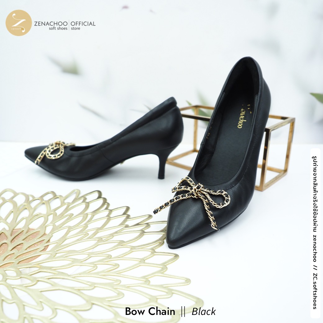 ทรงปกติ เปลี่ยนไซส์ได้-ไม่รับคืน ทรงที่ขายดีที่สุด Zenachoo รุ่น Bow Chain สูง 2 นิ้ว รองเท้าหนังแกะแท้ หนังนิ่ม พื้นนุ่ม