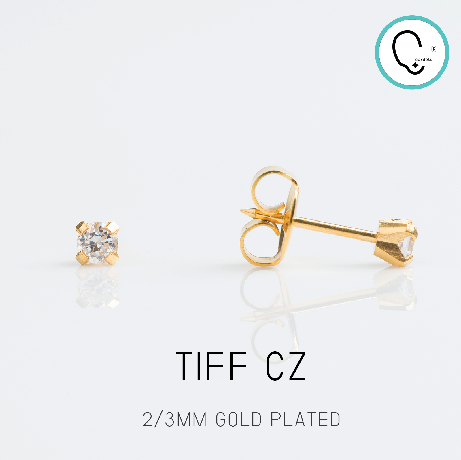 (ส่งฟรี แถมฟรีแป้นหมุดตัน)ต่างหูสำหรับผิวแพ้ง่าย Tiff CZ 3mm ก้านสีทอง สแตนเลสเกรดการแพทย์ ปลอดภัย 100%_STD008