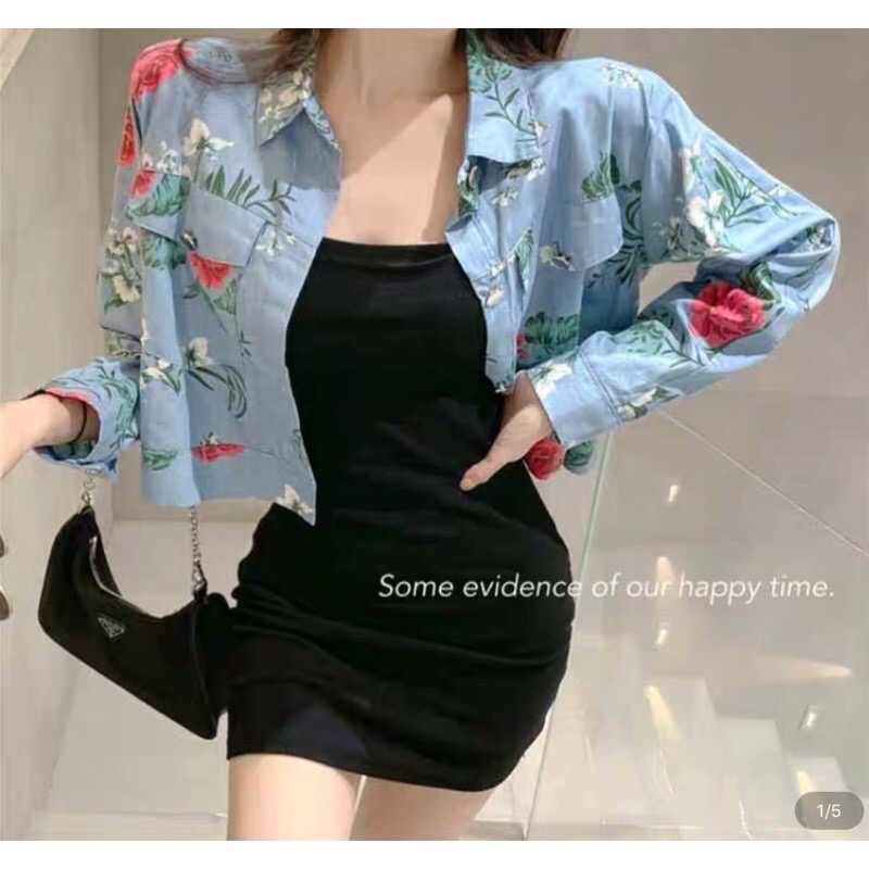 เสื้อครอปยีนส์แขนยาวลายดอกกุหลาบ งานป้าย ypy