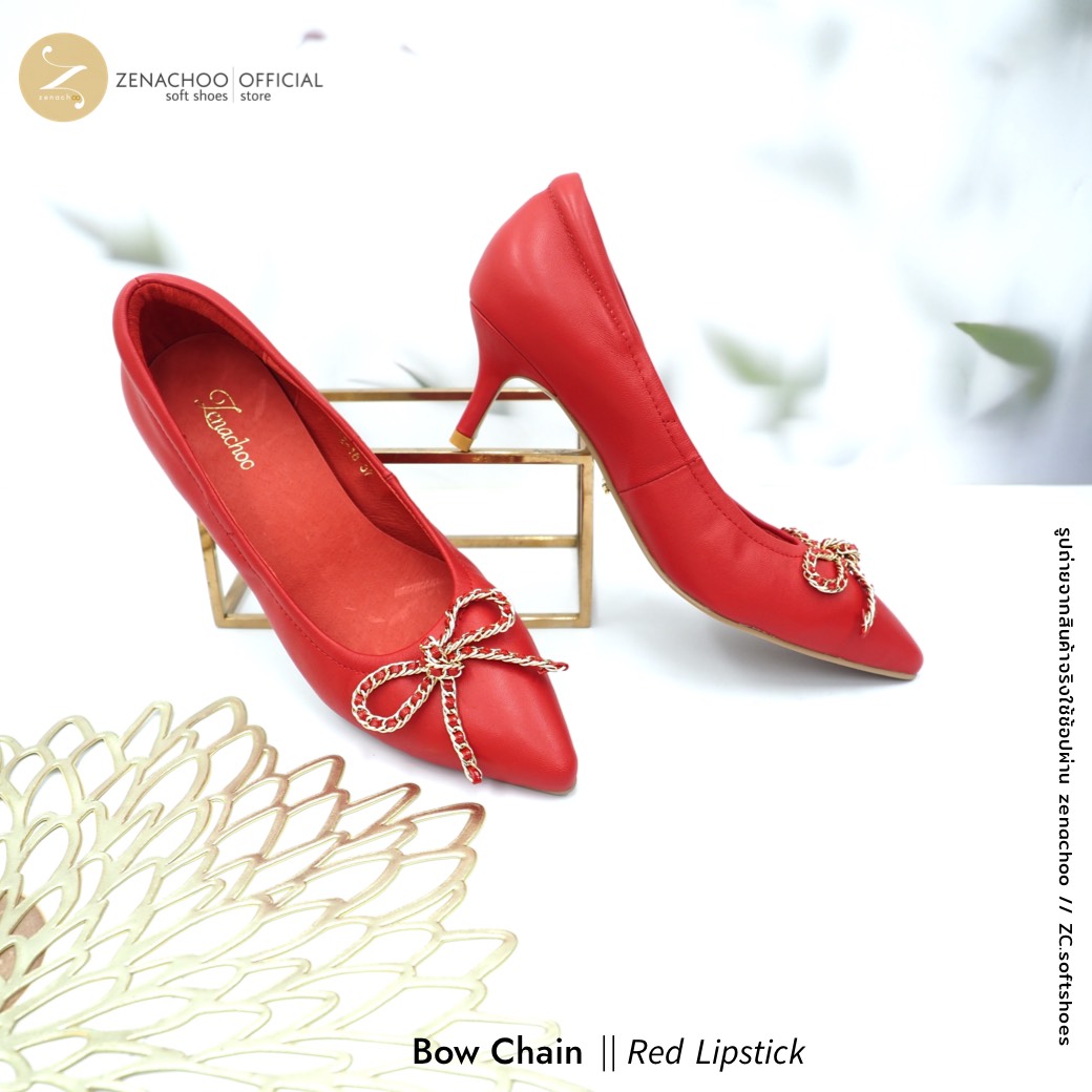 ทรงปกติ เปลี่ยนไซส์ได้-ไม่รับคืน ทรงที่ขายดีที่สุด Zenachoo รุ่น Bow Chain สูง 2 นิ้ว รองเท้าหนังแกะแท้ หนังนิ่ม พื้นนุ่ม